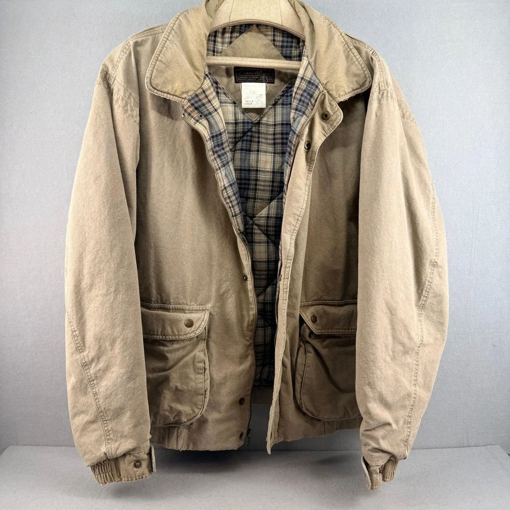 Eddie Bauer Mens XXL Tall Goose Down Bomber Jacket‎ Tan Cotton Plaid Lining Vtg